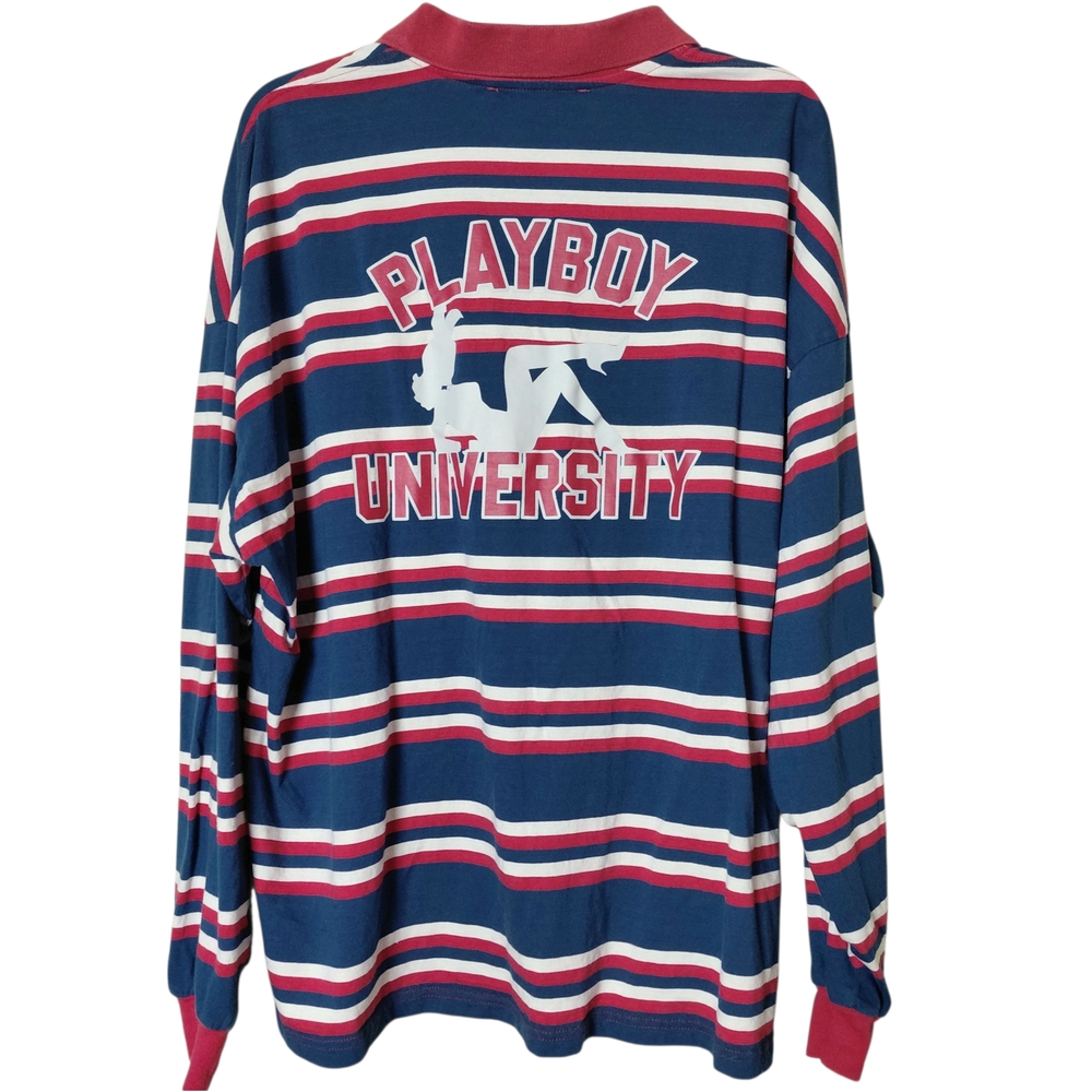 Playboy University By Pacsun Graphic Striped Long Sleeve Polo Shirt Size L